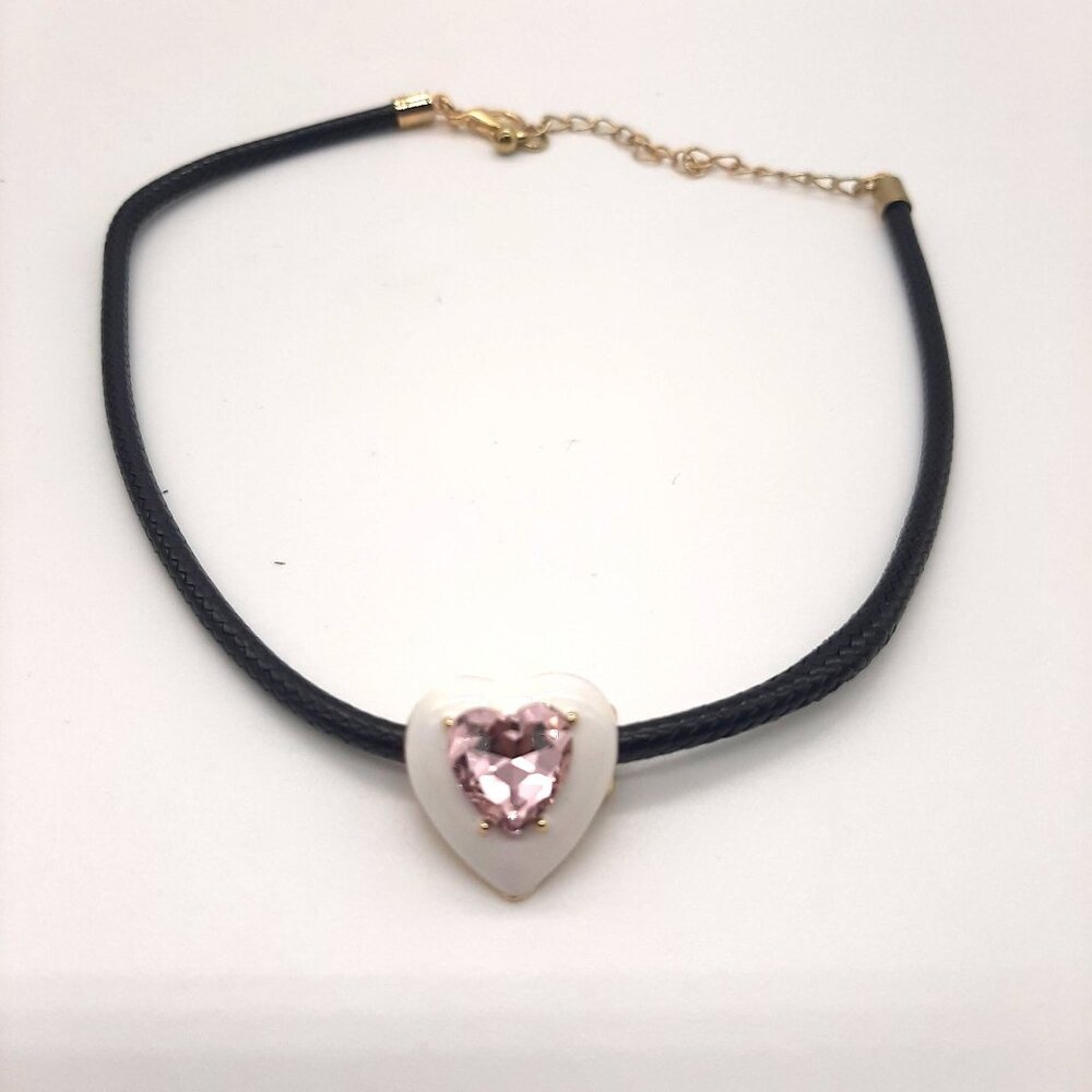 Pink gem Heart Black Corded Necklace adjustable Choker fairycore whimsy goth